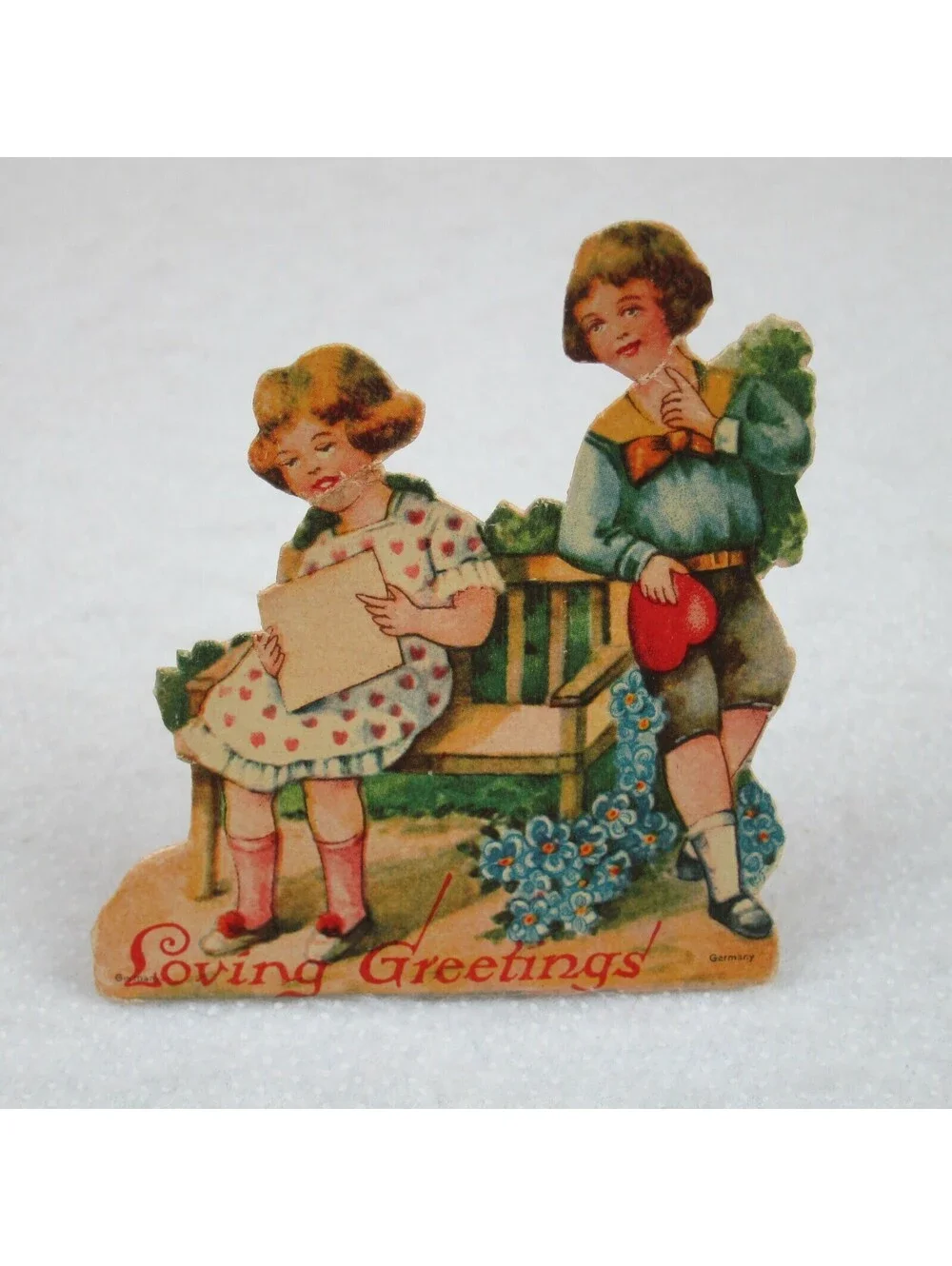 Vintage Valentine Die Cut Stand Up Boy & Girl on Bench Heart 1920s-30s Germany